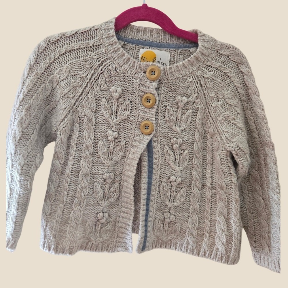 Mini Boden Girls Oatmeal Beige Cable Knit Floral Popcorn Cardigan Sweater 2-3Y